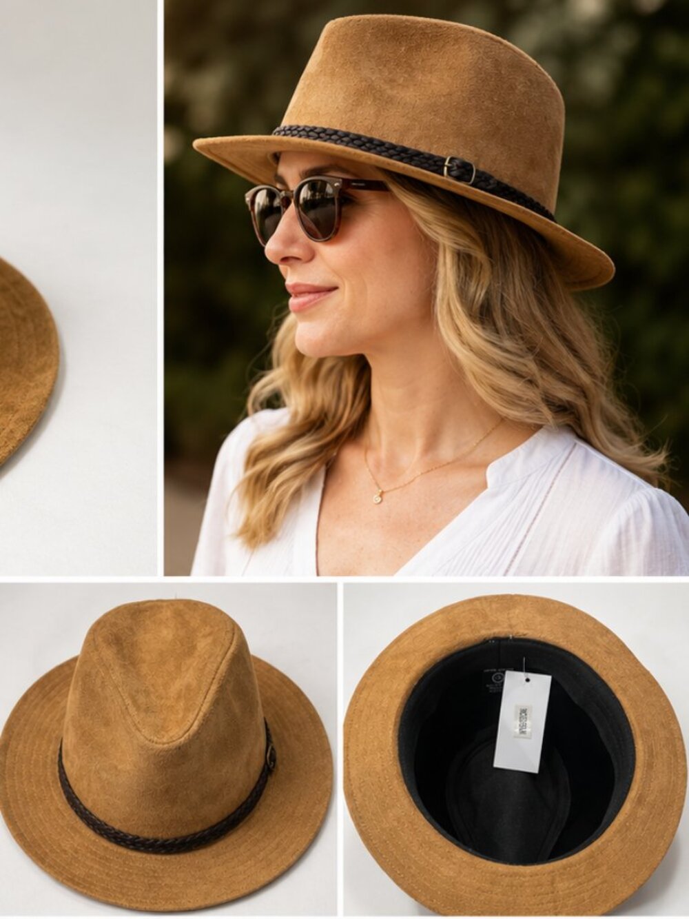 NWT Something Special Tan Faux Suede Fedora Hat Braided Band